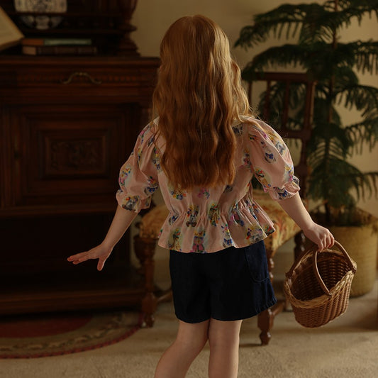 Girls' White Lapel Floral Doll Shirt