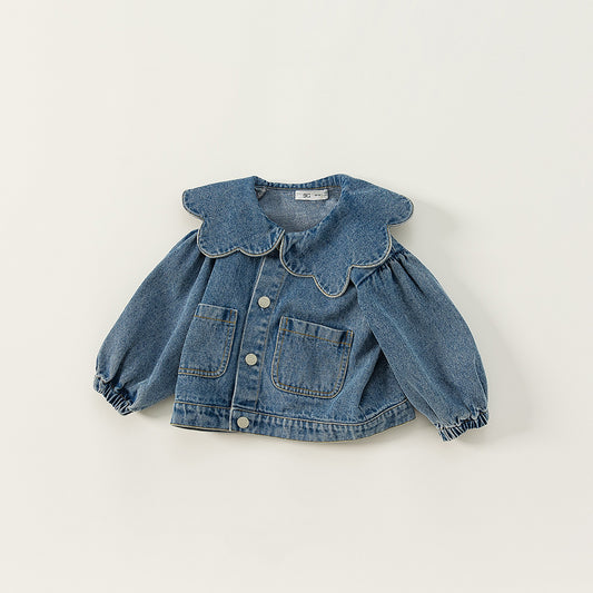 Girl's Denim Jacket Tops Western Style Doll Collar - Kidnor