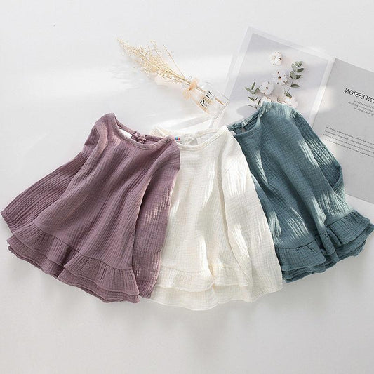 Girls' Ruffle Cotton Linen Long Sleeved T-shirt