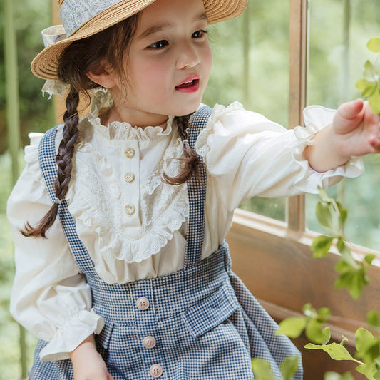 Spring Girls' Lace Collar Lace Retro Puff Sleeve Princess Shirt