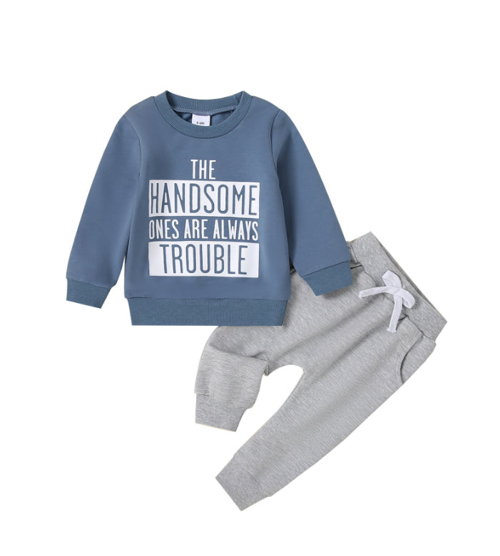 Casual Round Neck Letter Print Sweater Trousers Suit