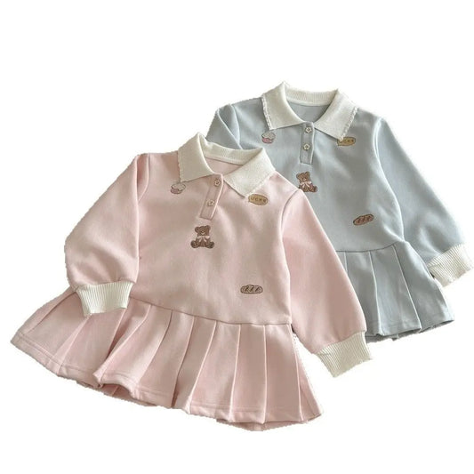 Cute Bear Long Sleeved Pleated Dress - Kidnor