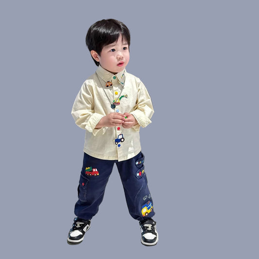 Boys' Japanese Style Cartoon Shirt - Soft Cotton Autumn Winter Top