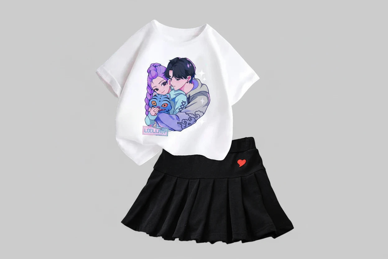 Kpop Demon Hunters Girls T-Shirt & Skirt Set - Kawaii Cartoon Summer Outfit
