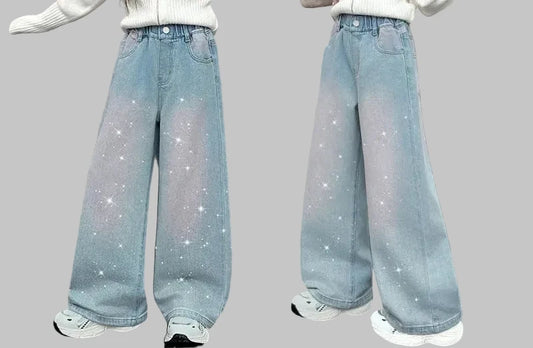 Girls Gradient Wide Leg Jeans - Distressed Loose Fit Denim (4-14Y)