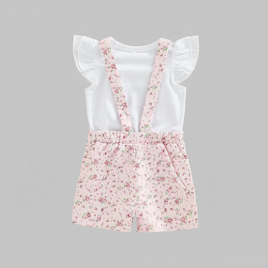 Girls' Summer Outfit Set - Floral Suspender Shorts & Top 2-Piece