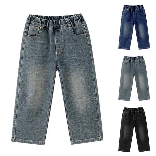 Kids Wide Leg Denim Jeans - Elastic Waist Straight Trousers (3-16 Years)
