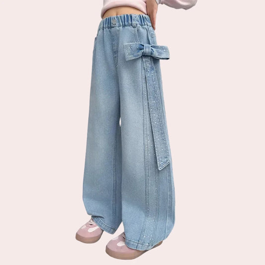Girls Straight Leg Jeans with Bow & Rhinestones - Streetwear Denim Pants
