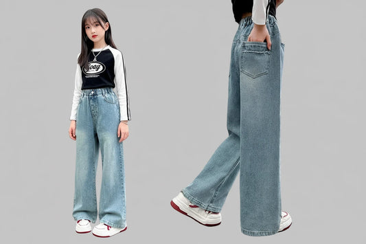 Teen Girls Ripped Jeans - Wide Leg Streetwear Denim