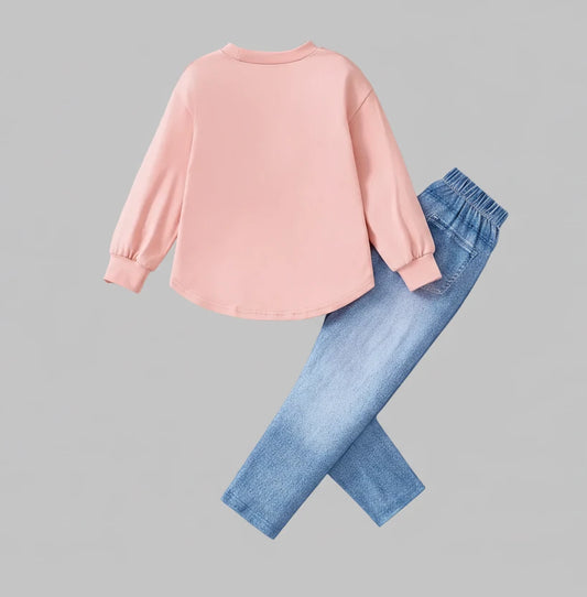 Girls Pink Cartoon Top & Denim Pants Set - 2-Piece Spring Outfit