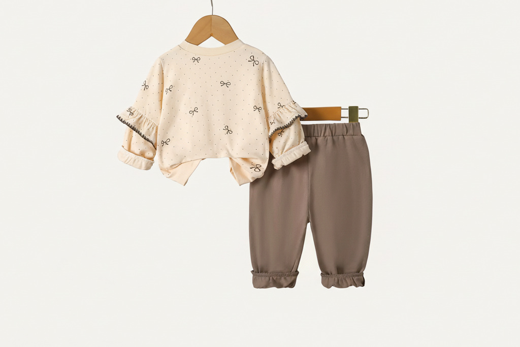 Children's Bowknot Ruffle Sleeve Top and Pants Set - Kidnor