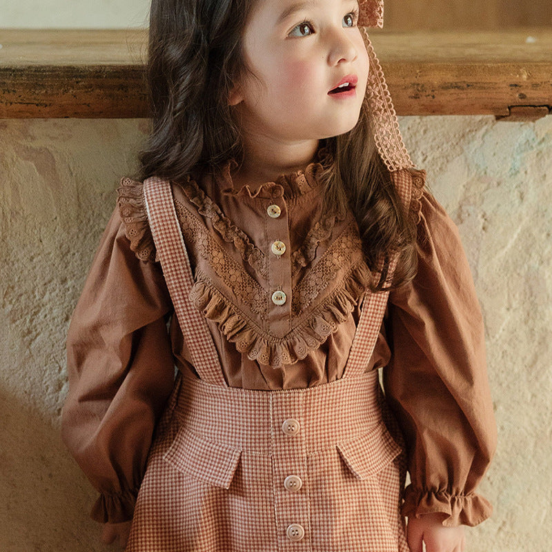Spring Girls' Lace Collar Lace Retro Puff Sleeve Princess Shirt