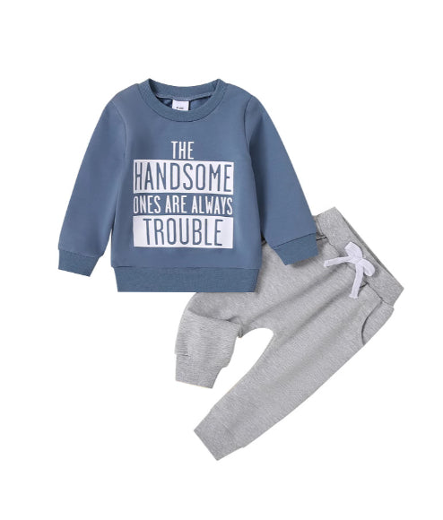 Casual Round Neck Letter Print Sweater Trousers Suit