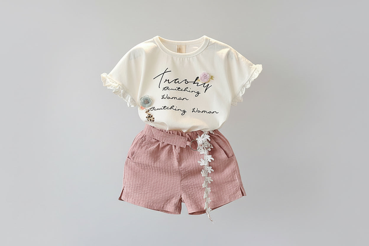 Girls Short Sleeve T-shirt Shorts Two-piece Suit