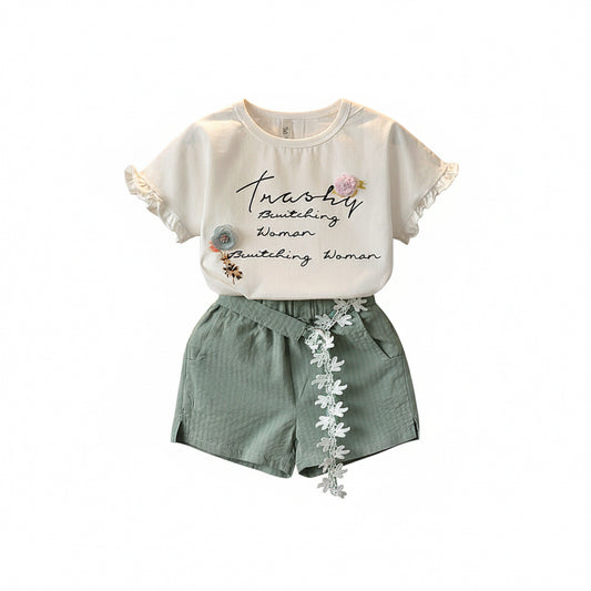 Girls Short Sleeve T-shirt Shorts Two-piece Suit