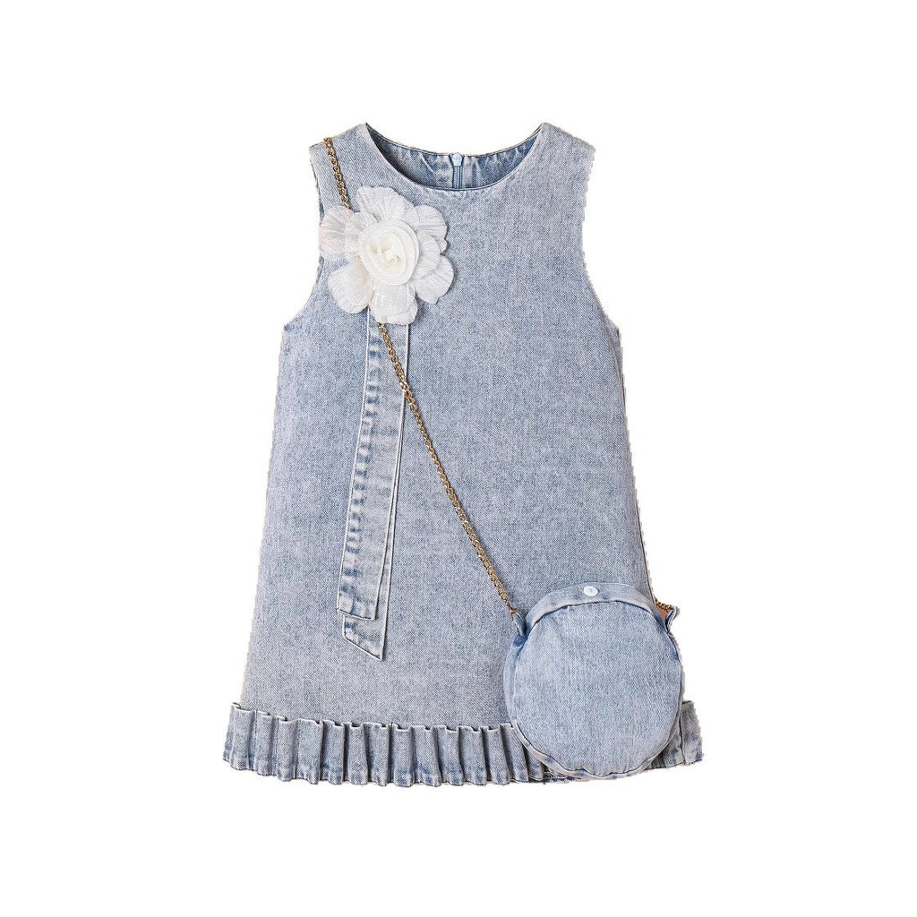 Girl's Sleeveless 3D Floral Denim Dress