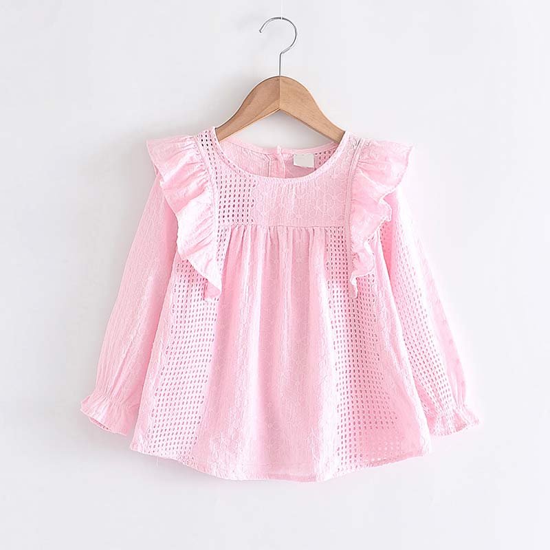Girls' lace round neck long sleeve shirt