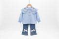 Cute Embroidered Collar Shirt And Denim Jeans Two-Piece Set For Girls