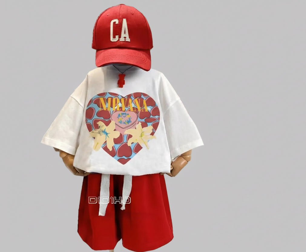 Cartoon Printed Teenager's Suit Top T-shirt And Pants Suit