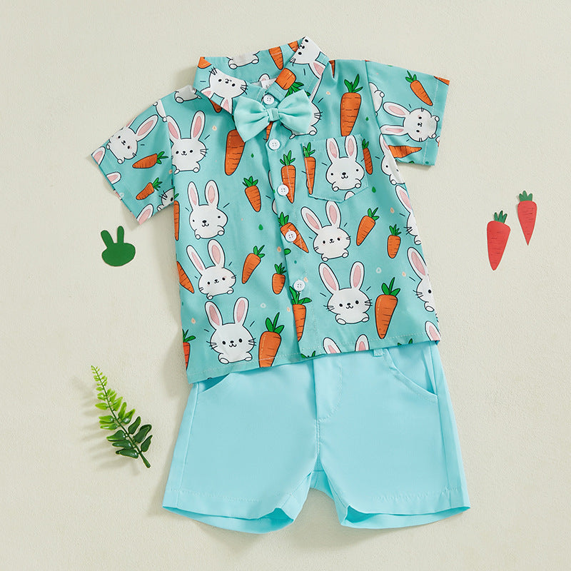 Gentleman Rabbit Print Bow Tie Shirt And Short-Sleeve Shorts Two-Piece Set