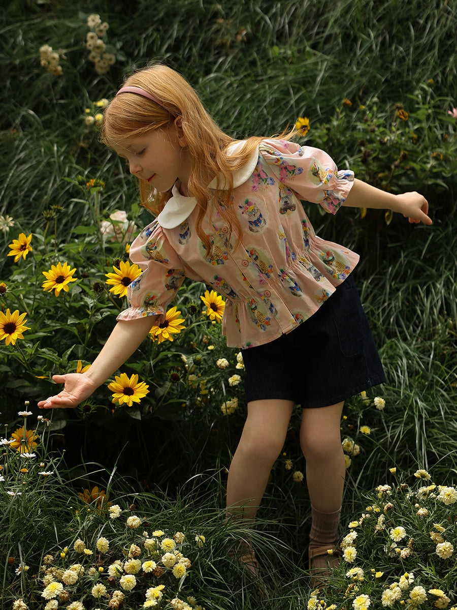 Girls' White Lapel Floral Doll Shirt