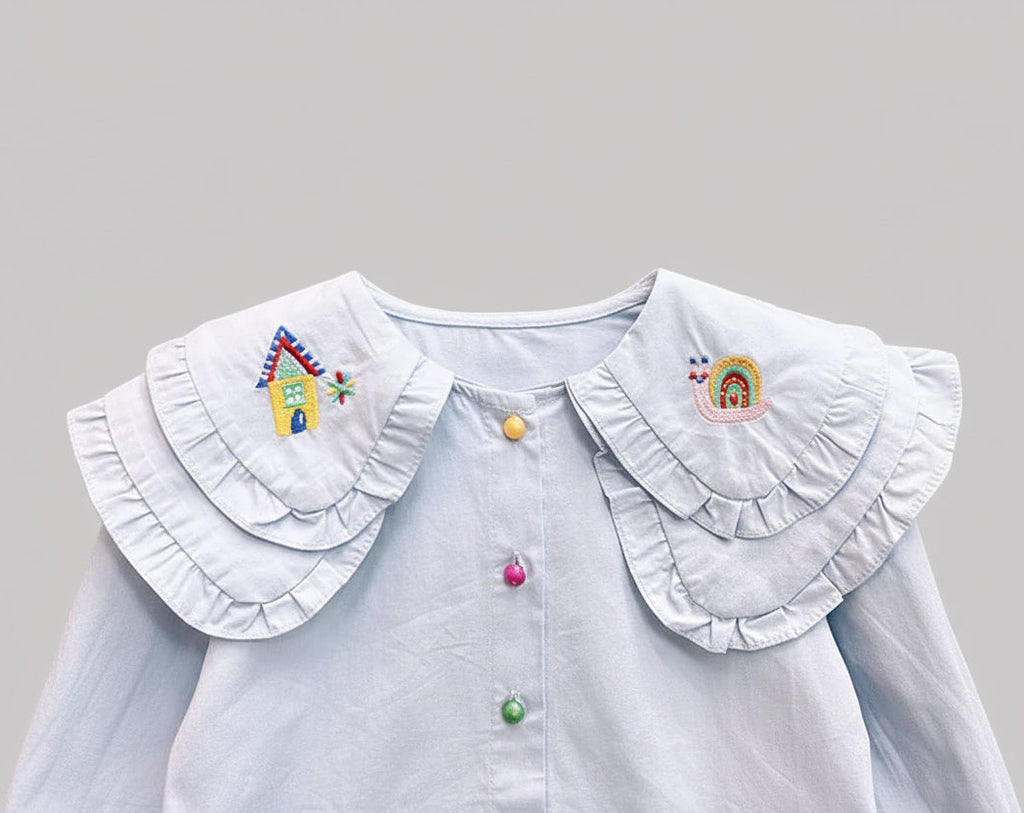 Cute Embroidered Collar Shirt And Denim Jeans Two-Piece Set For Girls