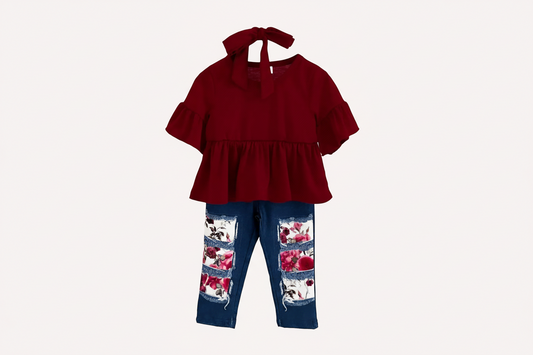 Children's Ruffle Sleeve Top & Floral Patch Pants Set - Kidnor