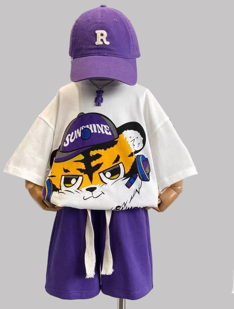 Cartoon Printed Teenager's Suit Top T-shirt And Pants Suit