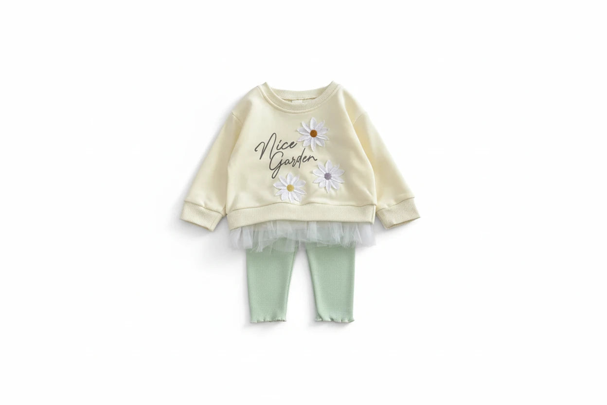 Baby Girl Embroidered Outfit Set - Lace Hem Top & Pants 2-Piece