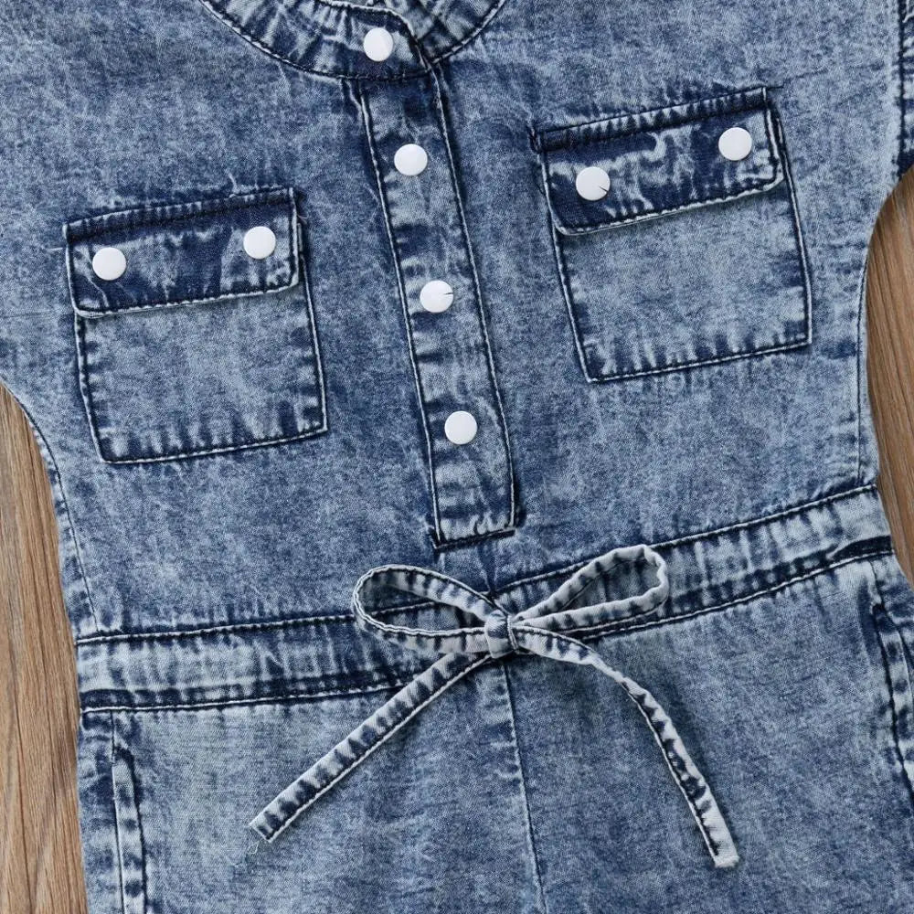 Baby Girl Denim Jumpsuit - Sleeveless Summer Romper