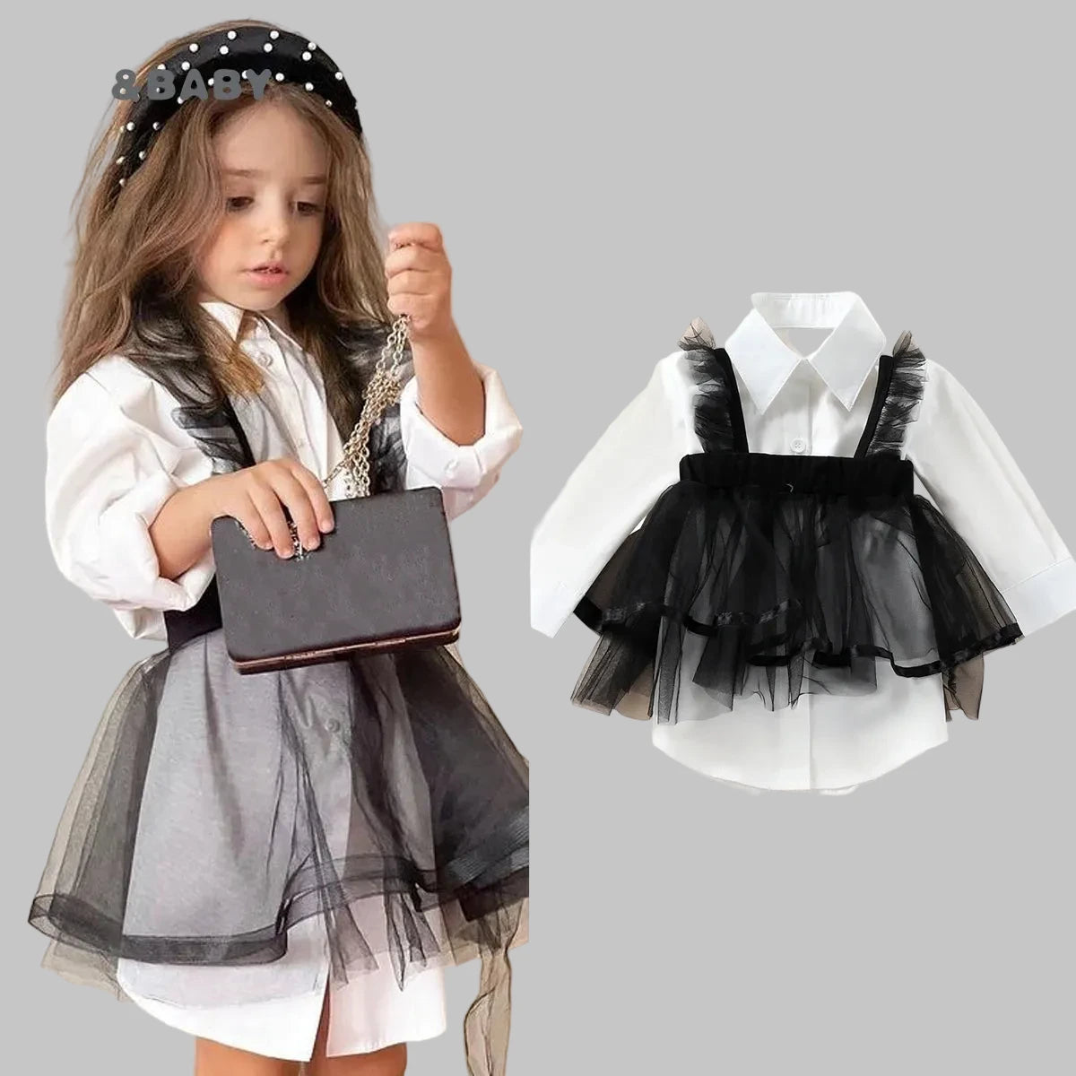 Girls Tulle Dress Blouse - Long Sleeve Fashion Top (1-6 Years)