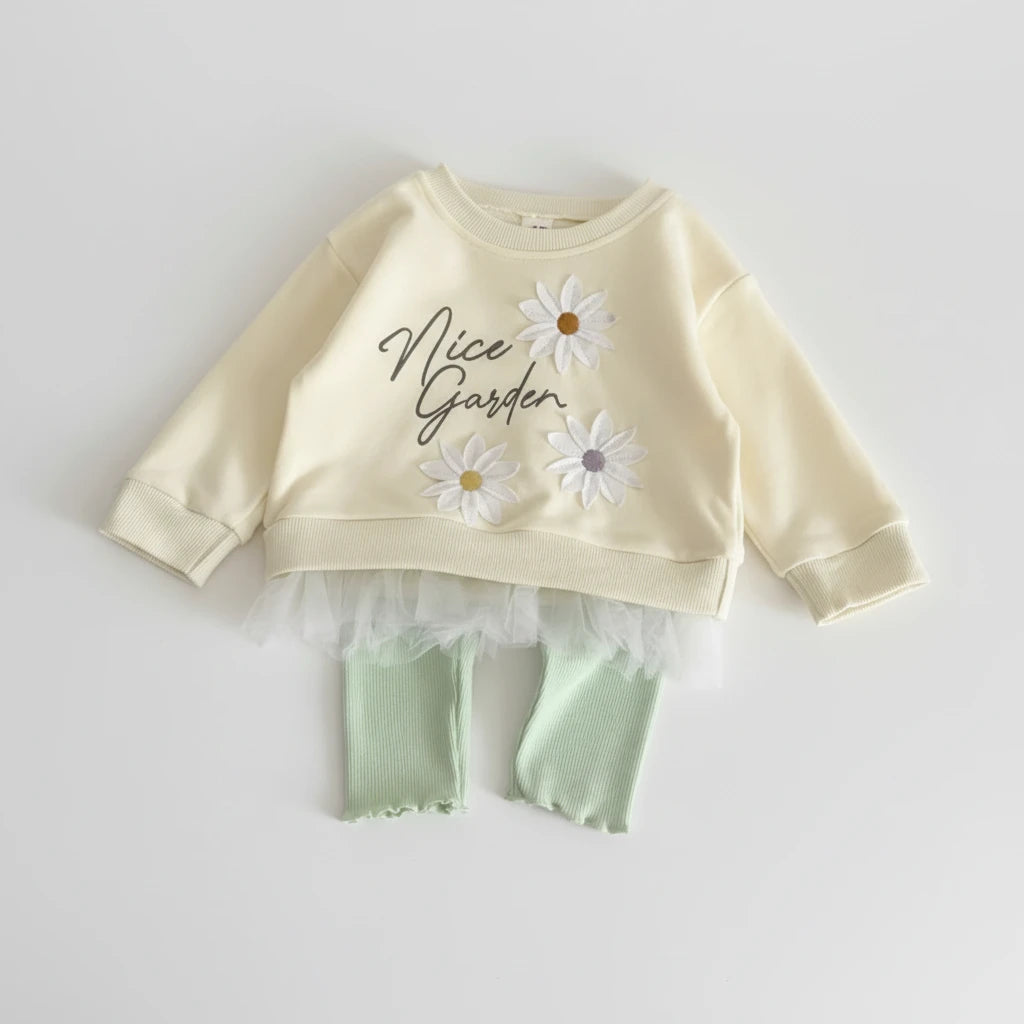 Baby Girl Embroidered Outfit Set - Lace Hem Top & Pants 2-Piece
