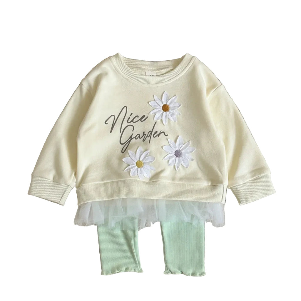 Baby Girl Embroidered Outfit Set - Lace Hem Top & Pants 2-Piece