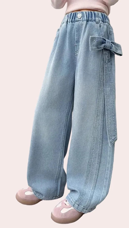 Girls Straight Leg Jeans with Bow & Rhinestones - Streetwear Denim Pants