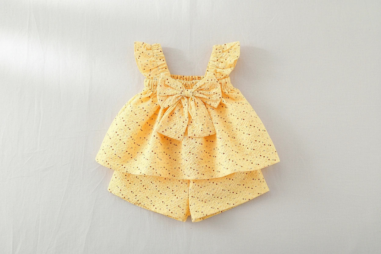 Baby Girl Dot Print Top & Shorts Set - Summer Beach Outfit with Bow (0-3Y)