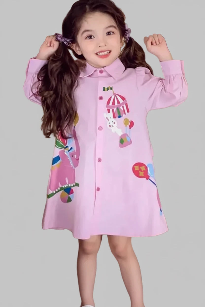 Girls Cartoon Shirt with Back Bow -Fashion Spring dress