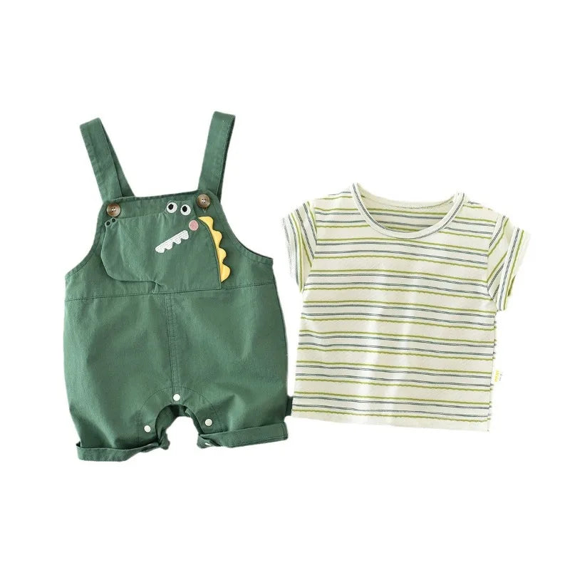 Baby Dinosaur Overalls & Striped T-Shirt Set - 2-Piece Summer Outfit