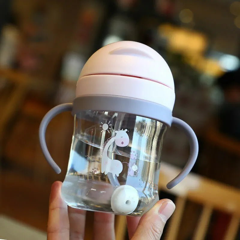 250ml Baby Drinking Cup & Feeding Bottle with Pink Straw Gravity Ball Wide Caliber Handle for Milk & Water