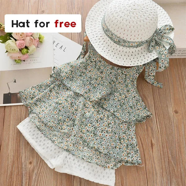 Bear Leader Girls Clothing Sets 2025 Summer Kids Clothes Floral Chiffon Halter+Embroidered Shorts Straw Children Clothing