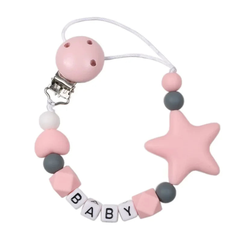 Personalized Name Baby Handmade Pacifier Clips Silicone Safe Teething Chain Infant Pentagonal Star Gum Nipple Dummy Holder Clip