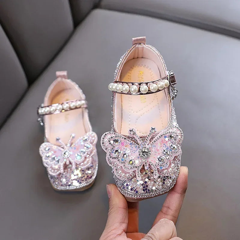 New Girls Princess Shoes Fashion Children's Bow Rhinestone Sequin Kids Shoes Baby Party Student Flat Performance Shoes H19