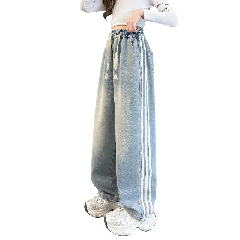 Girls' Striped Wide Leg Jeans - Korean Style Spring Pants