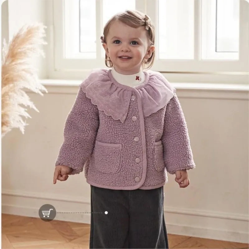 Baby Girls' Faux Fur Winter Coat - Lace Collar Warm Cardigan Jacket