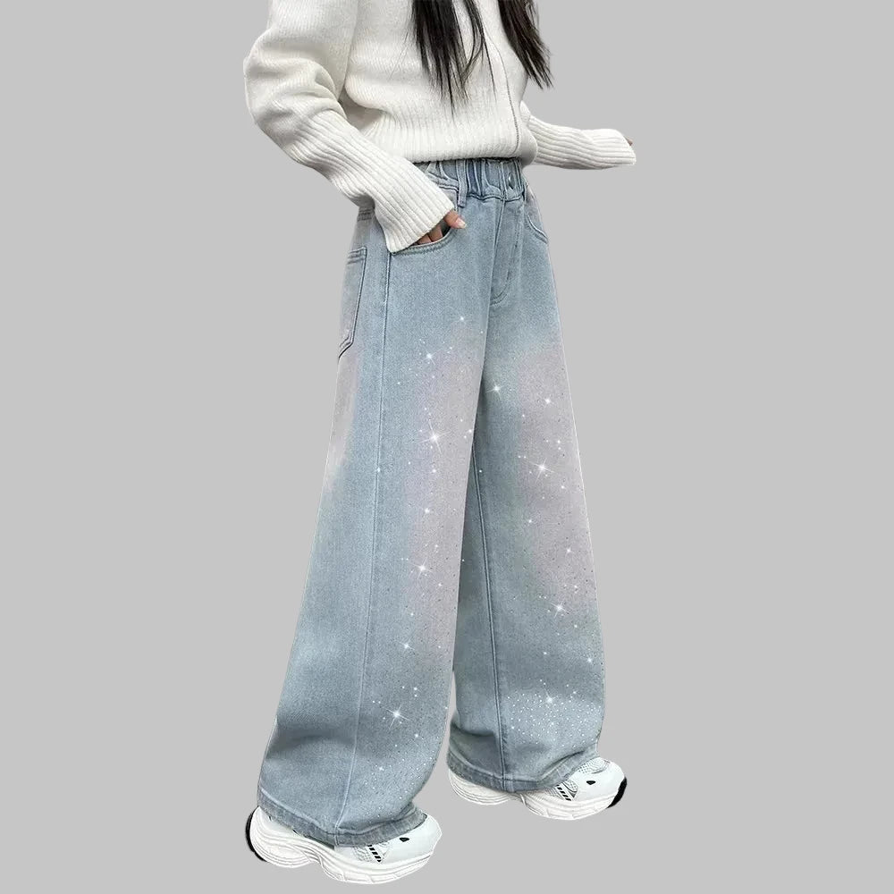 Girls Gradient Wide Leg Jeans - Distressed Loose Fit Denim (4-14Y)