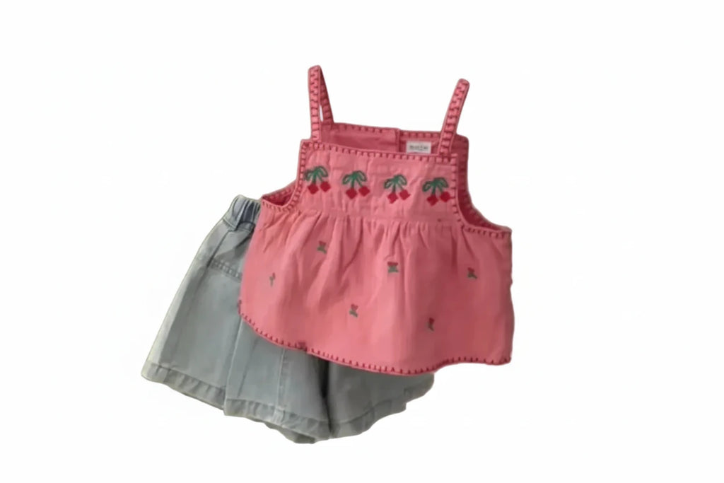 Girls' Cherry Embroidered Shirt & Shorts Set - 2-Piece Summer Outfit