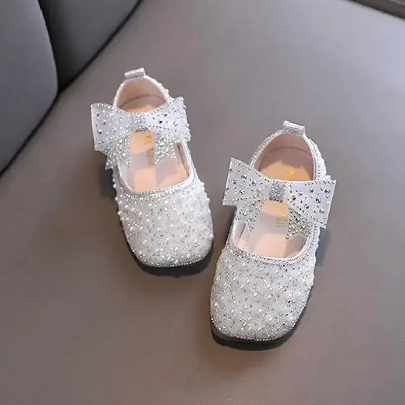 New Girls Princess Shoes Fashion Children's Bow Rhinestone Sequin Kids Shoes Baby Party Student Flat Performance Shoes H19