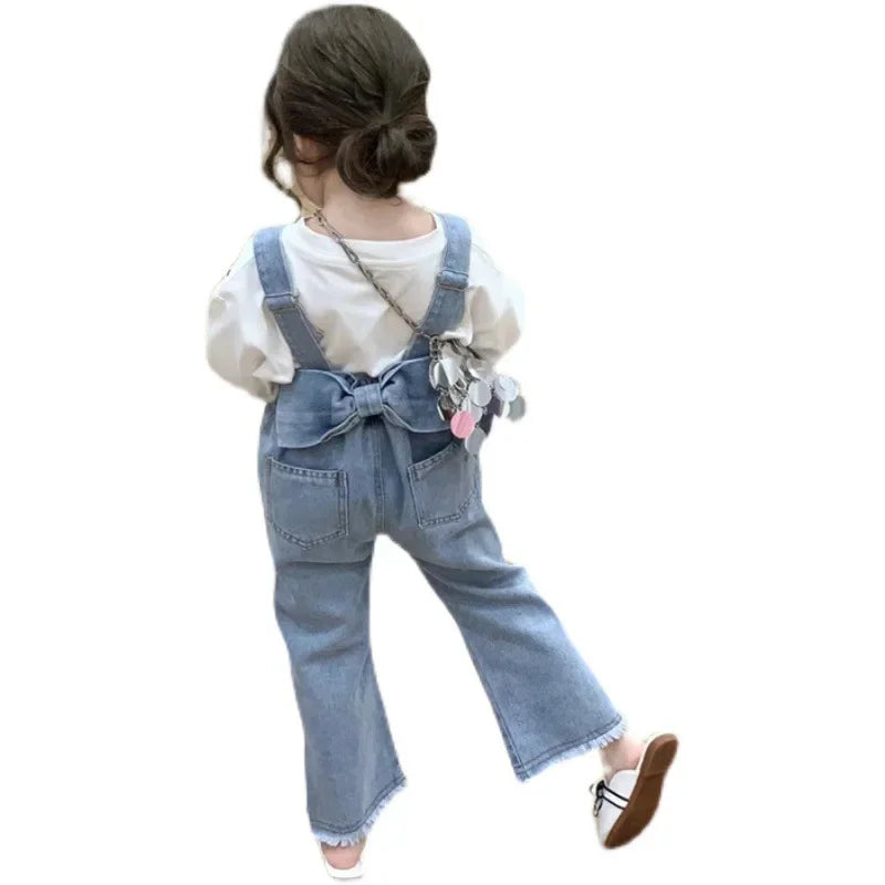 Girls Denim Overalls & White T-Shirt Set - 2-Piece Spring Autumn Outfit