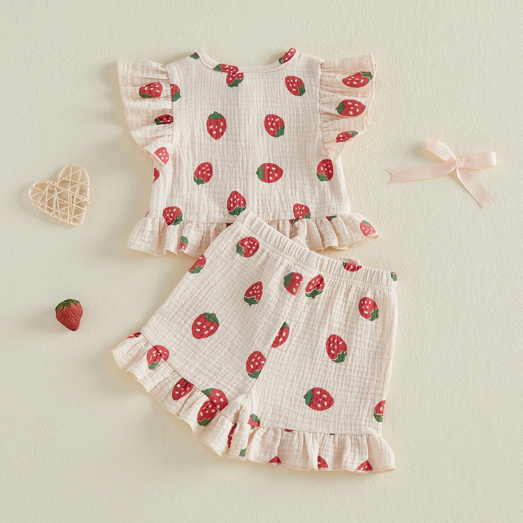 Baby Girls Strawberry Print Top & Shorts Set - 2-Piece Summer Outfit