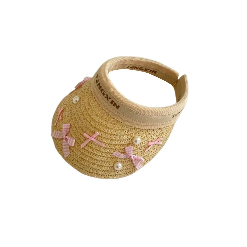 Kids Straw Sun Hat with Bowknot - Wide Brim UV Protection Beach Visor