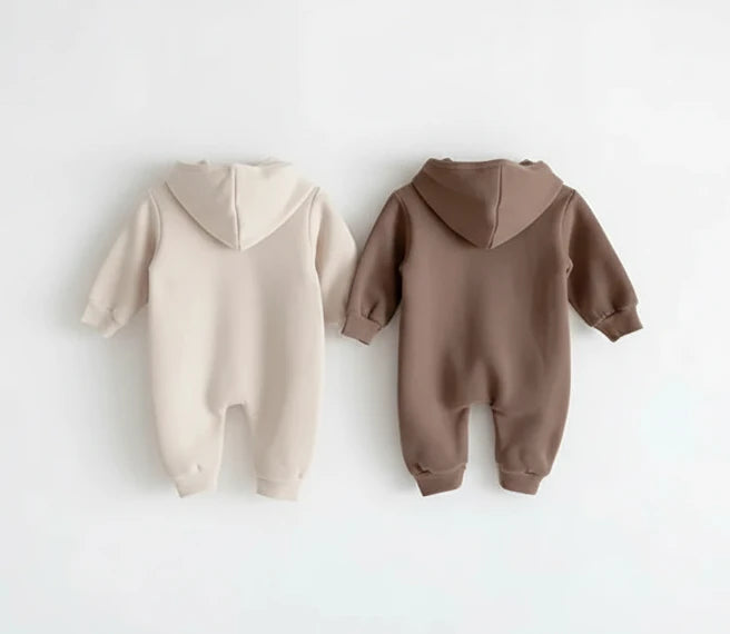 Baby Bear Hooded Romper - Warm Cotton Winter Bodysuit Ages 0-24M